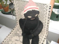 27'' BLACK KNIT STUFF GOLLIWOG DOLL, BRAIDS, BONNET, EARRINGS